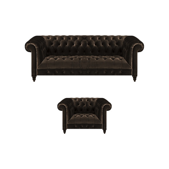 Braune Chesterfield Polster Garnitur Designer 3-Sitzer Textil Sessel 2tlg