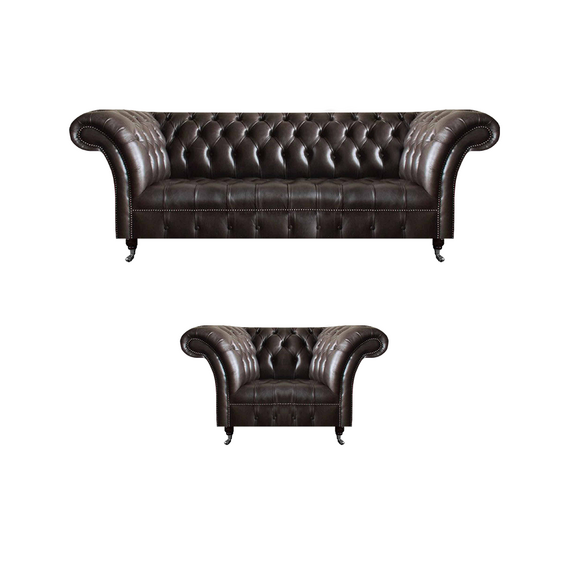 Dunkelbraune Chesterfield Garnitur Ledersessel Designer Couch 2tlg Set