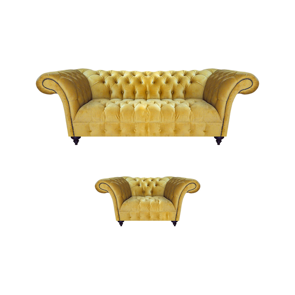 Designer Chesterfield Couchen Gelber Sessel Moderner Dreisitzer 2tlg Set