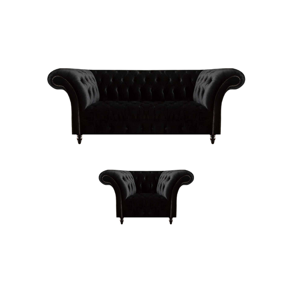 Schwarze Wohnzimmer Chesterfield Garnitur Designer Dreisitzer 2-Sitzer