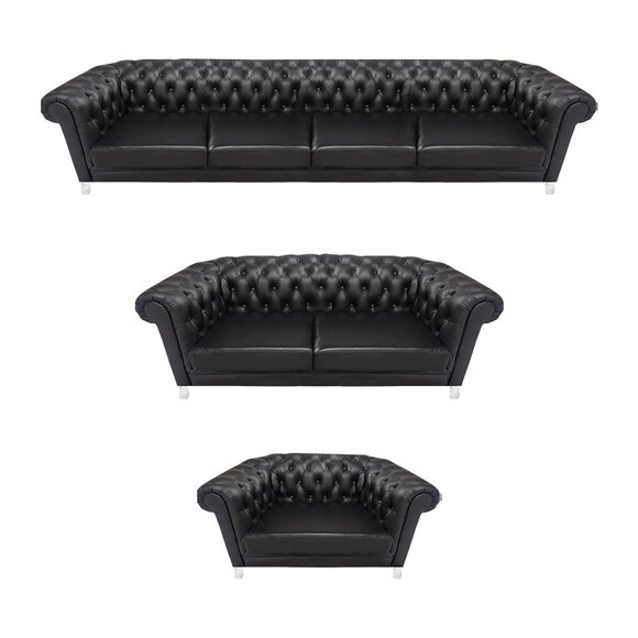 Schwarze Chesterfield Ledergarnitur Designer 4-Sitzer Zweisitzer Sessel