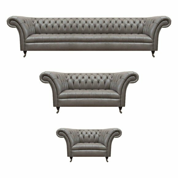 Graue Chesterfield Ledergarnitur Designer Polstercouchen Lehnsessel 3tlg