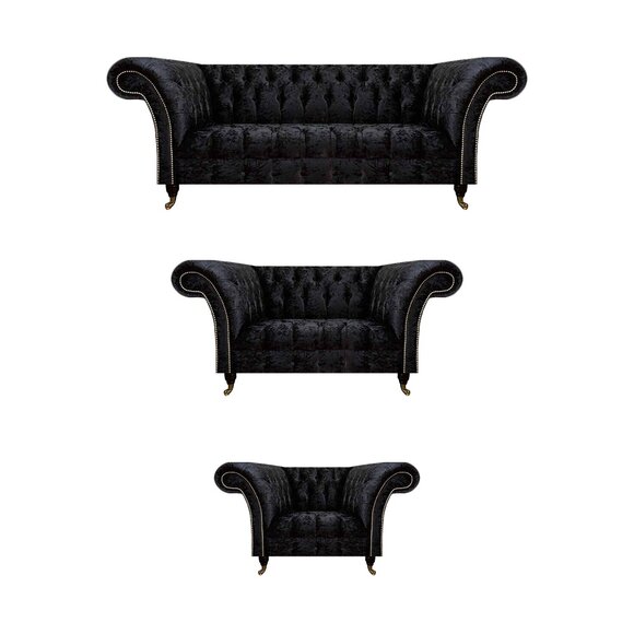 Schwarze Textil Chesterfield Garnitur Edler Dreisitzer Lehnsessel 3tlg