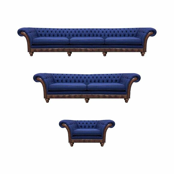 Designer Chesterfield Couchgarnitur Edler Blauer Dreisitzer Sessel 3tlg