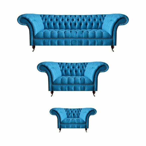 Chesterfield Hellblaue Designer Sitzmöbel Edler 3-Sitzer Zweisitzer 3tlg