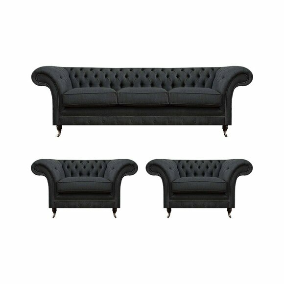 Graue Chesterfield Bettfunktion Sofa Textil 2x Sessel 3tlg Set Garnitur