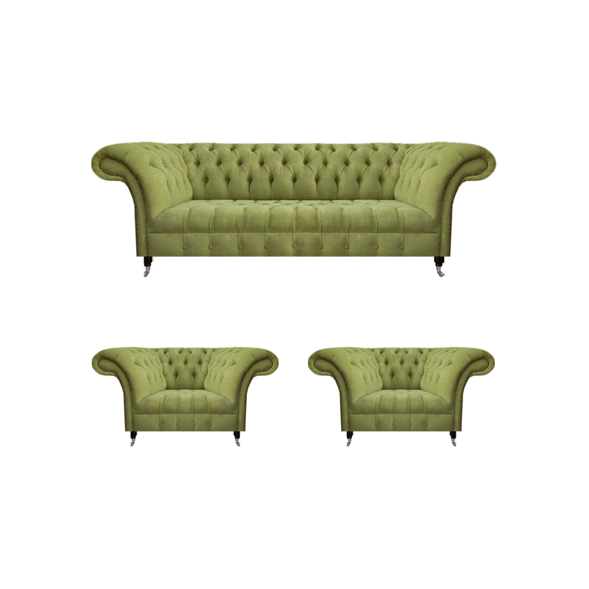 Elegante Grün Chesterfield-Sofagruppe, 3-Sitzer & 2 Sessel, optional: 4- & 2-Sitzer; Maße: Sofa 220x90x80cm, Sessel 130x90x80cm; Material: Holz & Textil; Premium Leder & samtiger Stoff; Kristallknöpfe, echtes Holzgestell; Modernes, bequemes Design; A