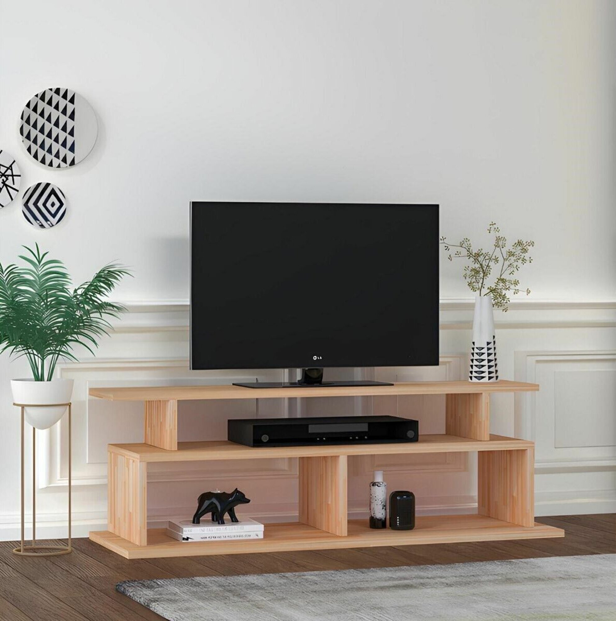 Stilvoller Beiger TV-Ständer Wohnzimmer Sideboard Robuster Holz Regal