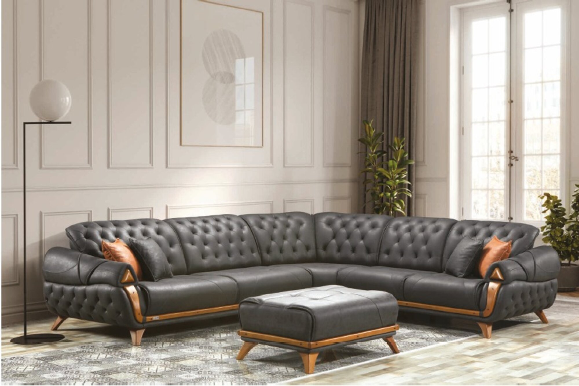 Wohnzimmer 2tlg Leder Schwarz Sofa Sofas L-Form Sitz Farbe Ecksofa Hocker