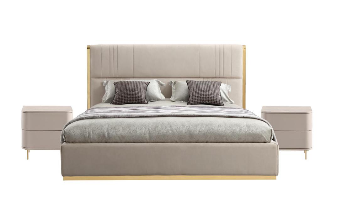 Schlafzimmer Set Bett Grau Metall Stoff Design Luxus 2x Nachttische 3tlg. Neu