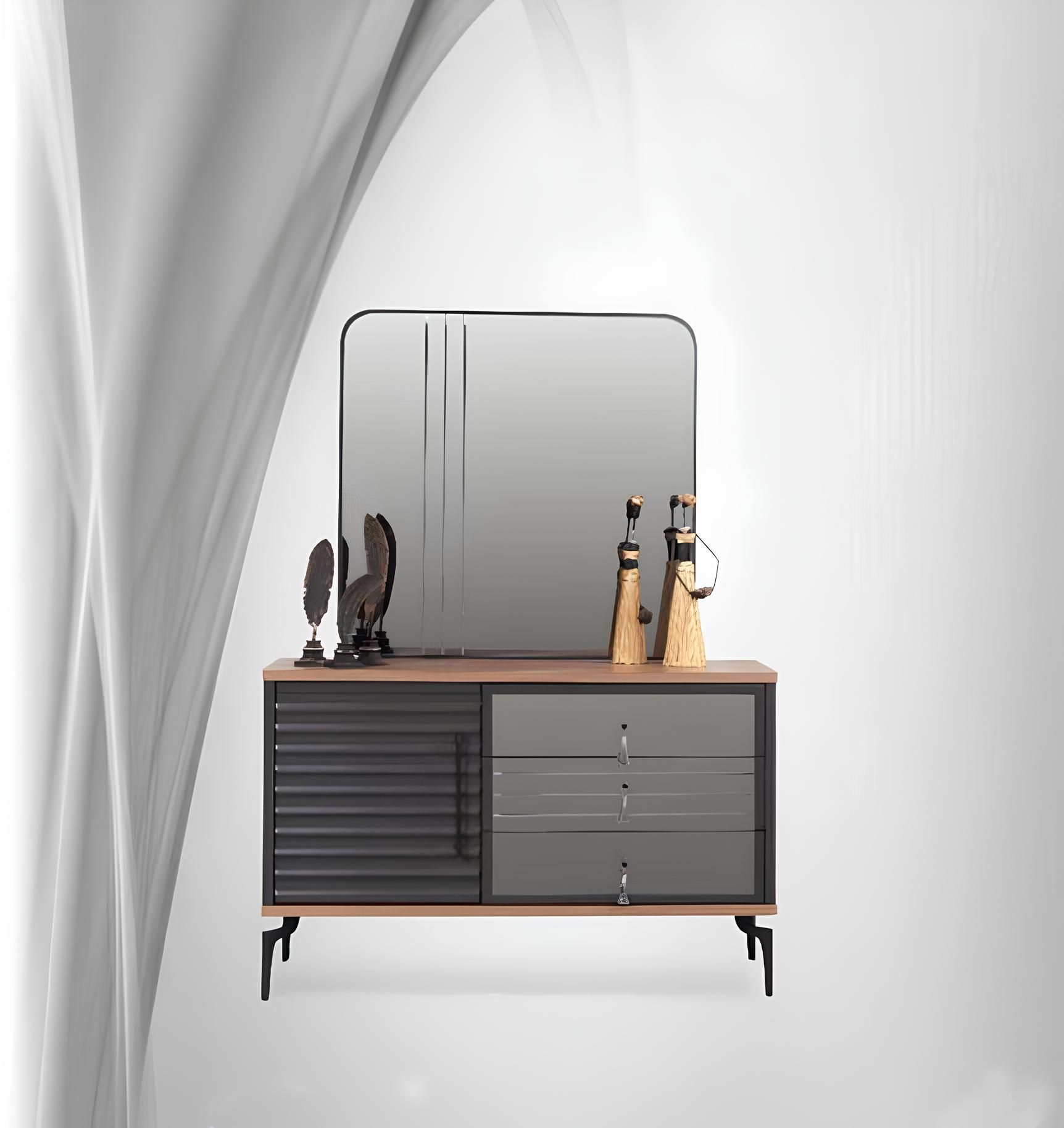 Stilvolle Braune Kommode Rechteckiger Spiegel Eleganter Schlafzimmer Set