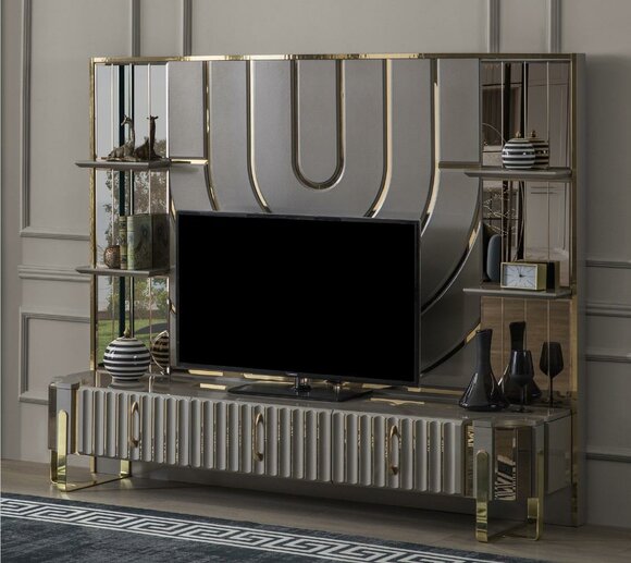 TV Ständer RTV Lowboard Sideboard Wohnzimmer Gold Grau Luxus Holz Sofort