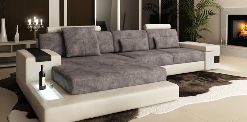 Ecksofa mit USB Polster Wohnlandschaft Garnitur Ecke Stoff Textil Sofa Grau Weiß