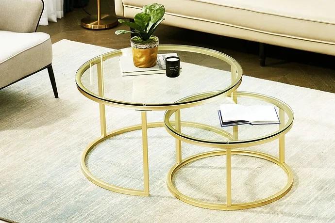 Couchtische 2 Teile Glas Tischplatte Metall goldfarbene Beine Wohnzimmermöbel