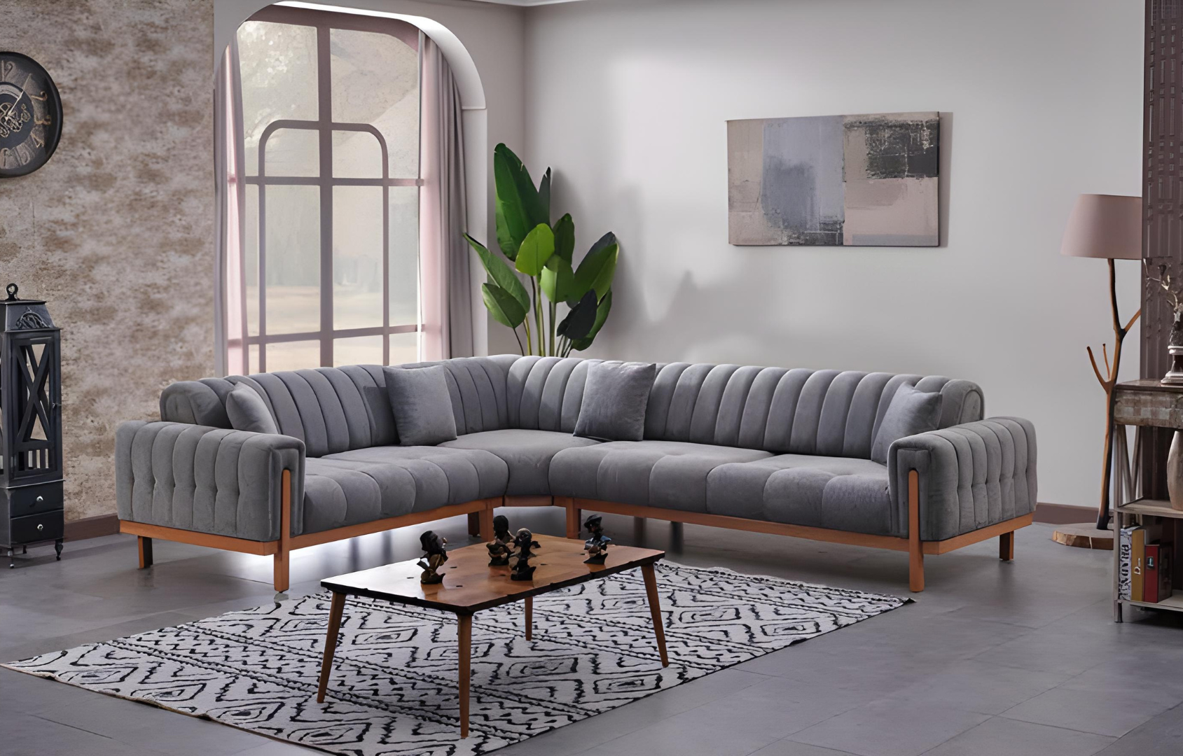 Grau Ecksofa L Form Wohnzimmer Textil Design Modern Möbel Sofas