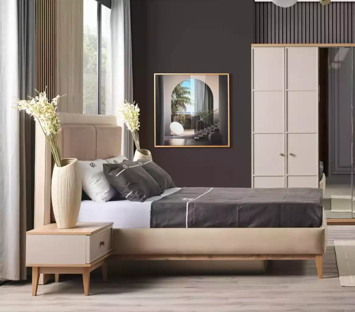 Luxus Schlafzimmer Bett + 2x Nachttische Holz Komplettes Modern Beige