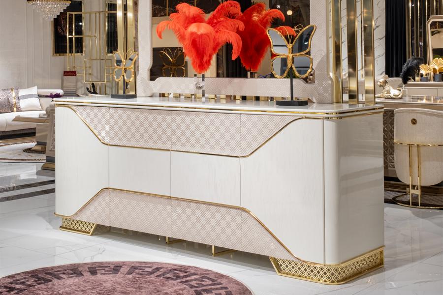 Elegantes Sideboard mit Spiegel Esszimmer Komplett Set Holzmöbel Luxuriöses