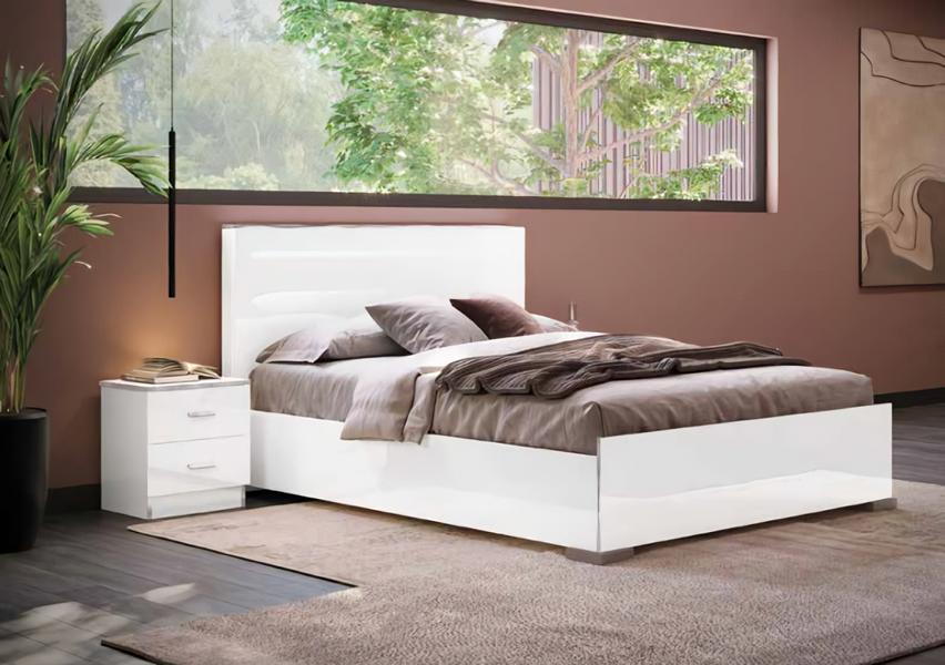 Schlafzimmer Komplette Bett mit LED Nachttisch Hochglanz Weiß Holz