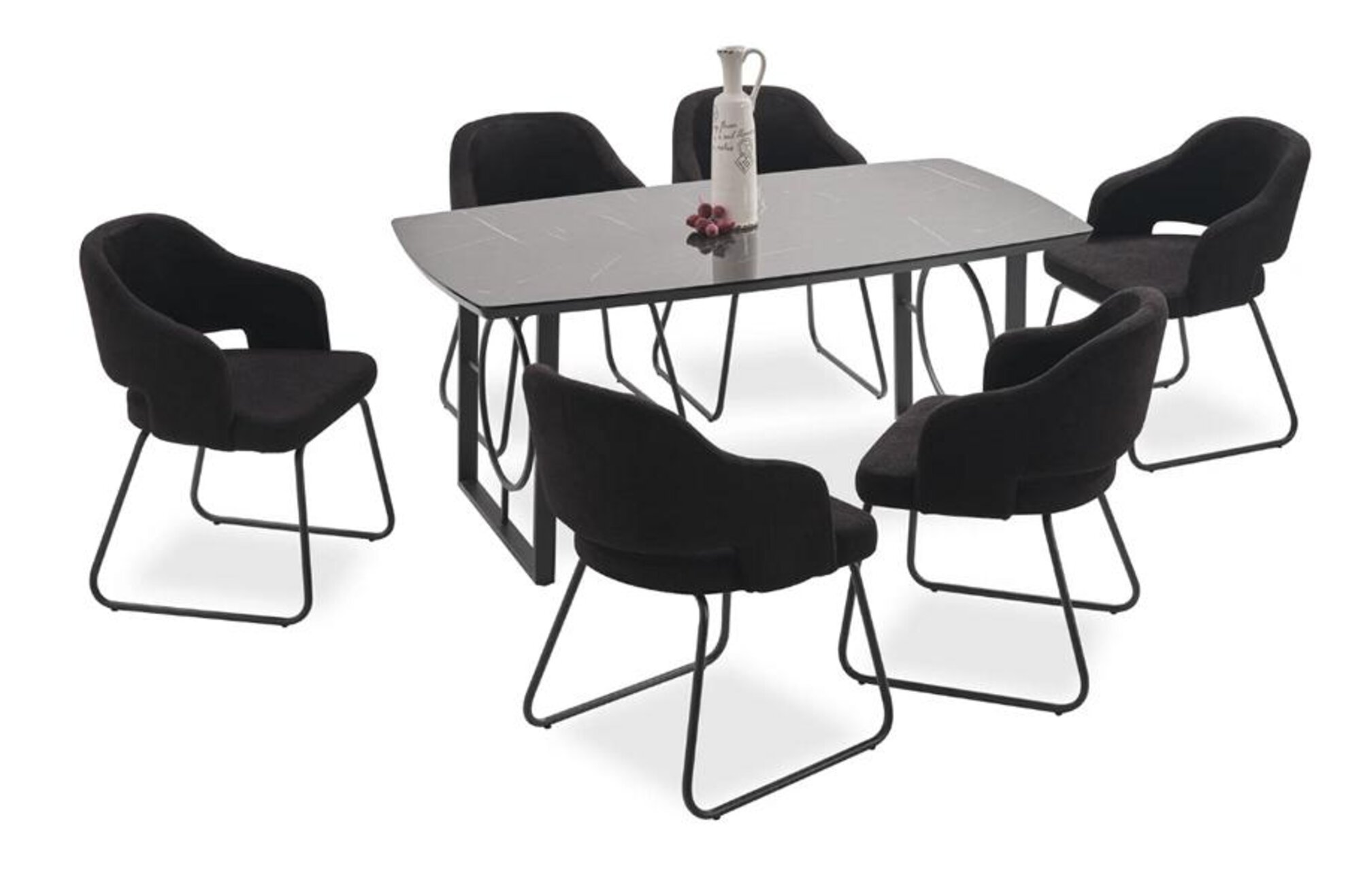 Esszimmer Set Schwarz Holzarbeitsplatte Tisch gepolsterte Stühle Sitz