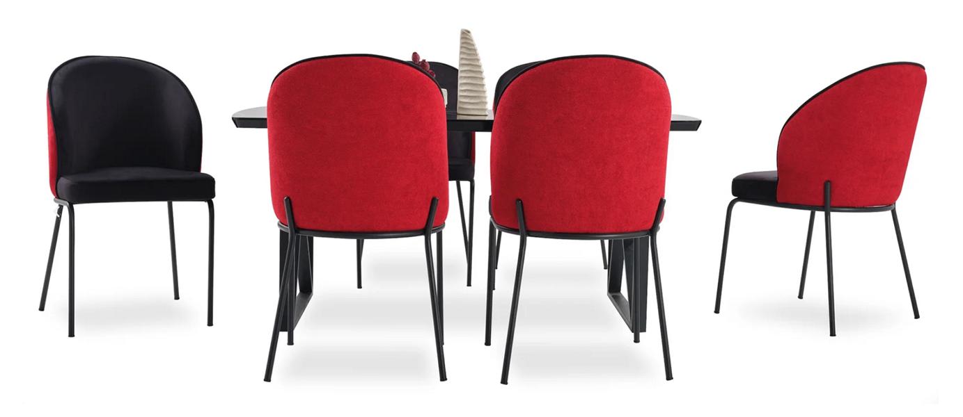 Luxuriöses schwarz rotes Esszimmer Set großer Esstisch gepolsterte Stühle