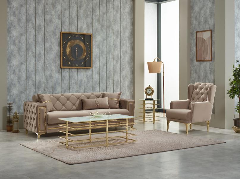 Garnitur Sofagarnitur Couch Polstersofa Dreisitzer Sessel Beige 2tlg