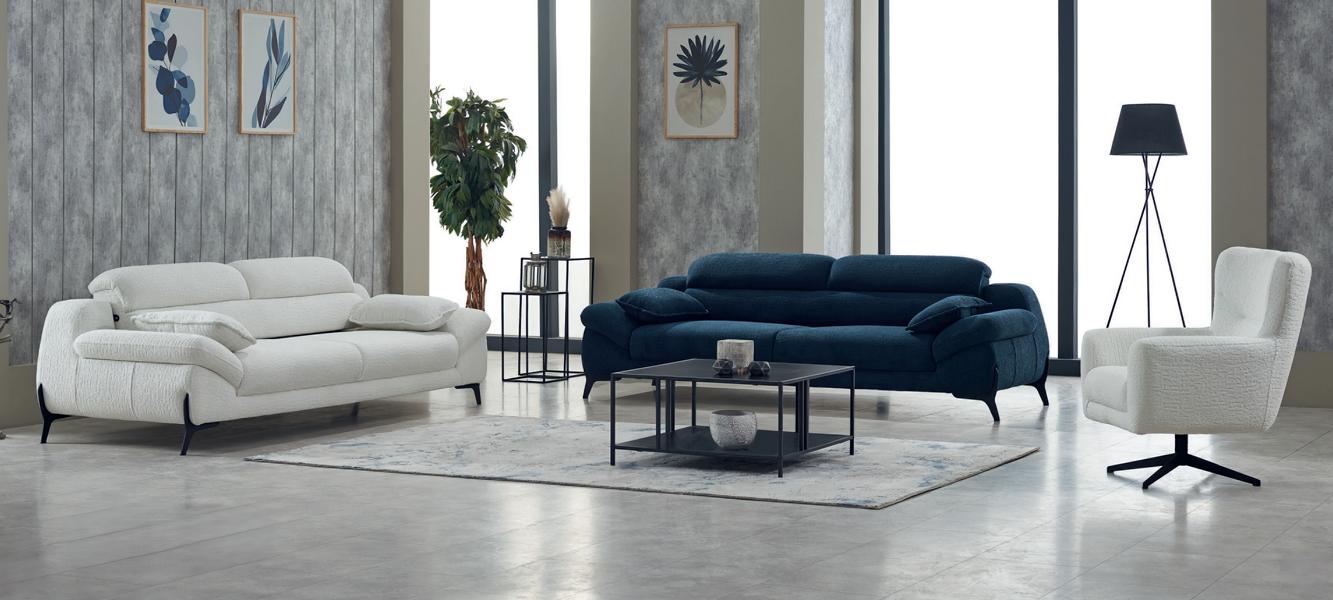 Couchgarnitur Dreisitzer Sessel Couch Stoff Polstersofa Sofa Blau 3tlg