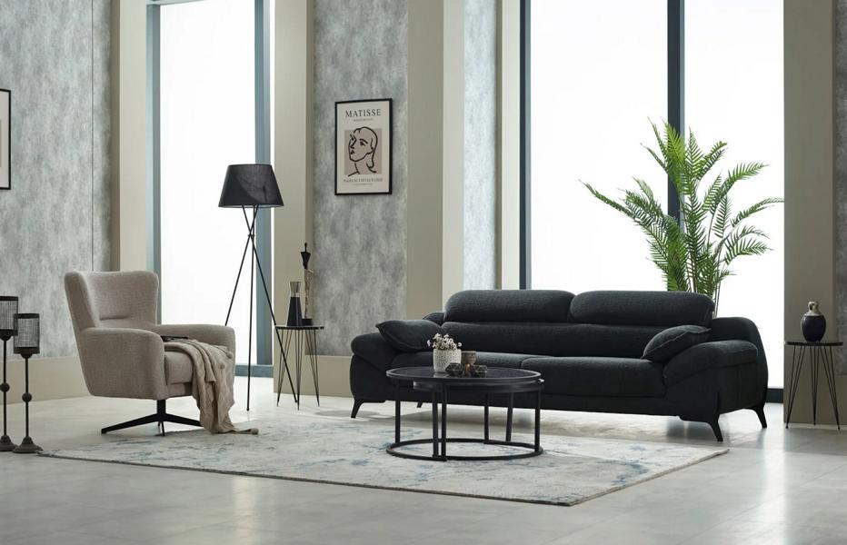 Komplette Couchgarnitur Polstersofa Dreisitzer Stoff Schwarz Sessel