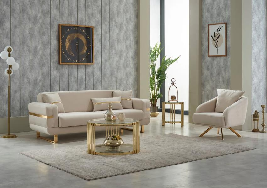 Sofagarnitur Dreisitzer Sofa Stoffsofa Polstersofa Beige Sessel 2tlg