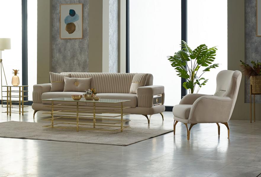 Sofagarnitur Dreisitzer Sofa Stoffsofa Polstersofa Beige Sessel 2tlg