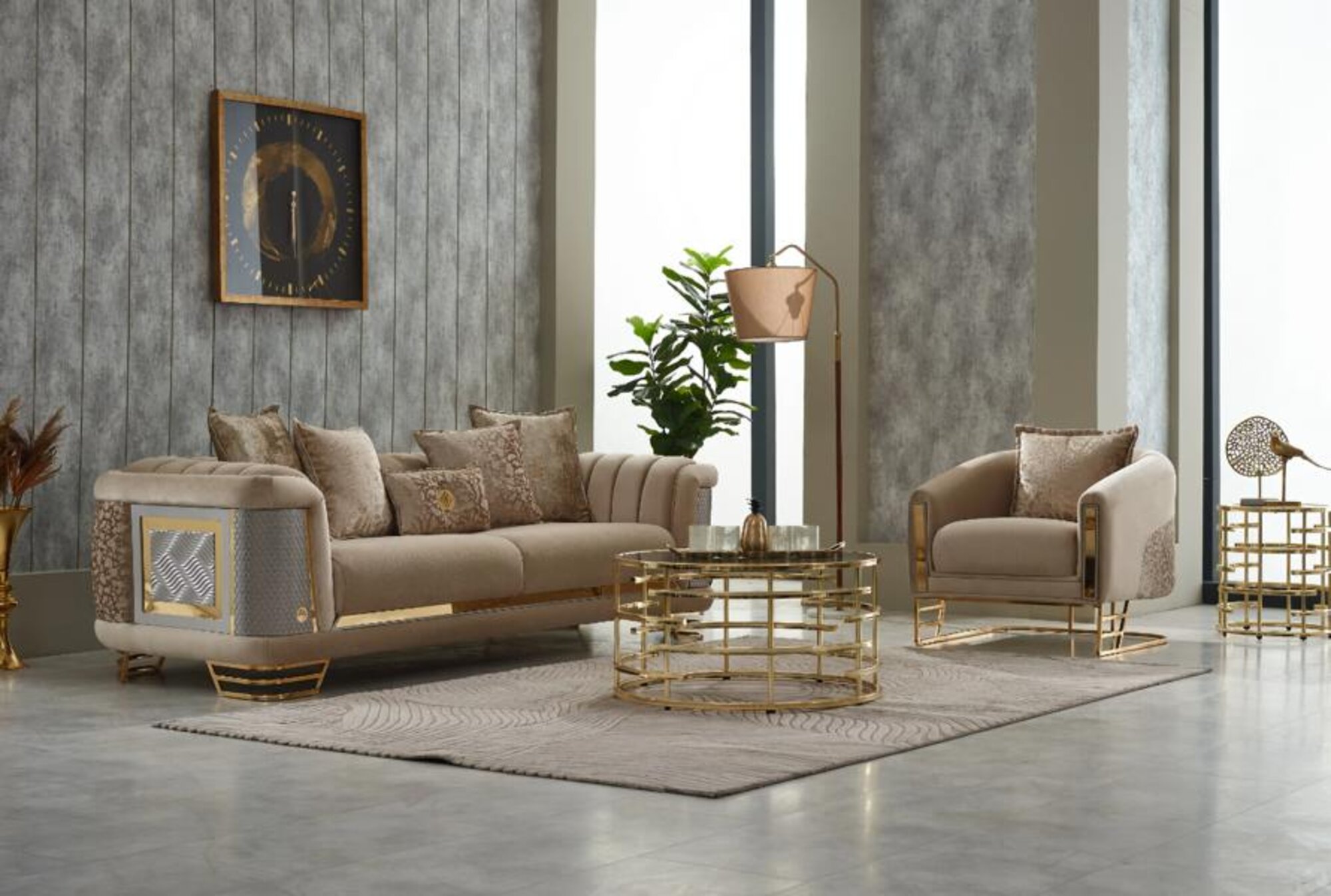 Polstersofa Couchgarnitur Dreisitzer Sessel Beige Couch Stoffsofa 2tlg