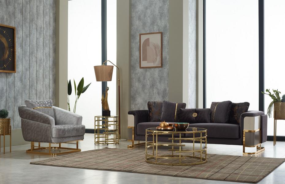 Komplette Couchgarnitur Polstersofa Dreisitzer Sessel Lila Stoffsofa