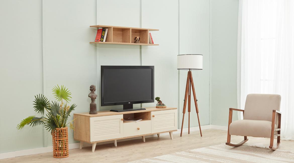 Schaukelsessel TV Ständer Wandregal Beige Wohnzimmer Set Holzmöbel Modern