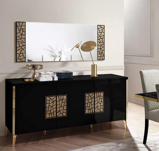 Luxus Schwarz Esszimmer Set 2tlg Modern Design Sideboard mit Spiegel Neu