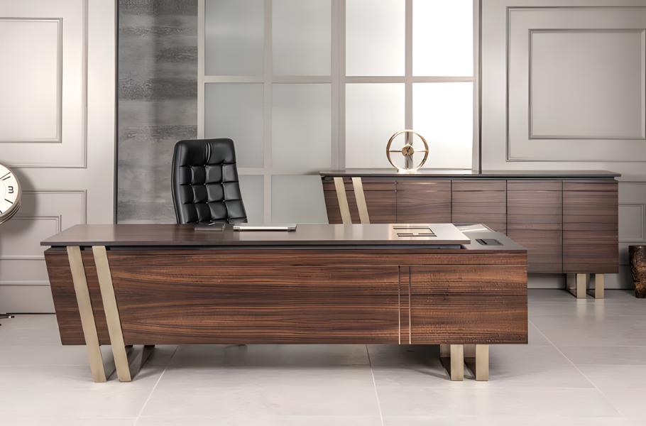Schreibtisch Bürotisch Braun Edelstahl Büroeinrichtung Büro Holz Modern Tisch
