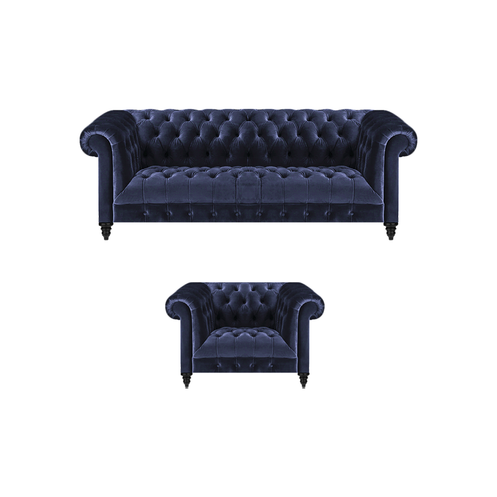 Chesterfield Komplett Sessel Blau Sofa Dreisitze Couch Wohnzimmer Neu