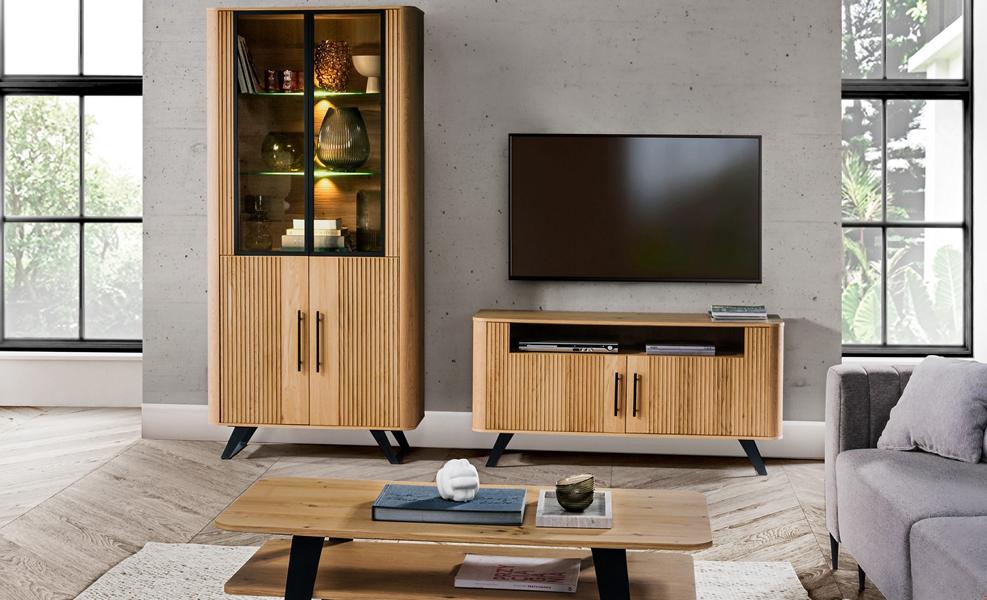 Wohnzimmer 2tlg Vitrine Holzmöbel TV Lowboard Luxuriöses Modern Komplett