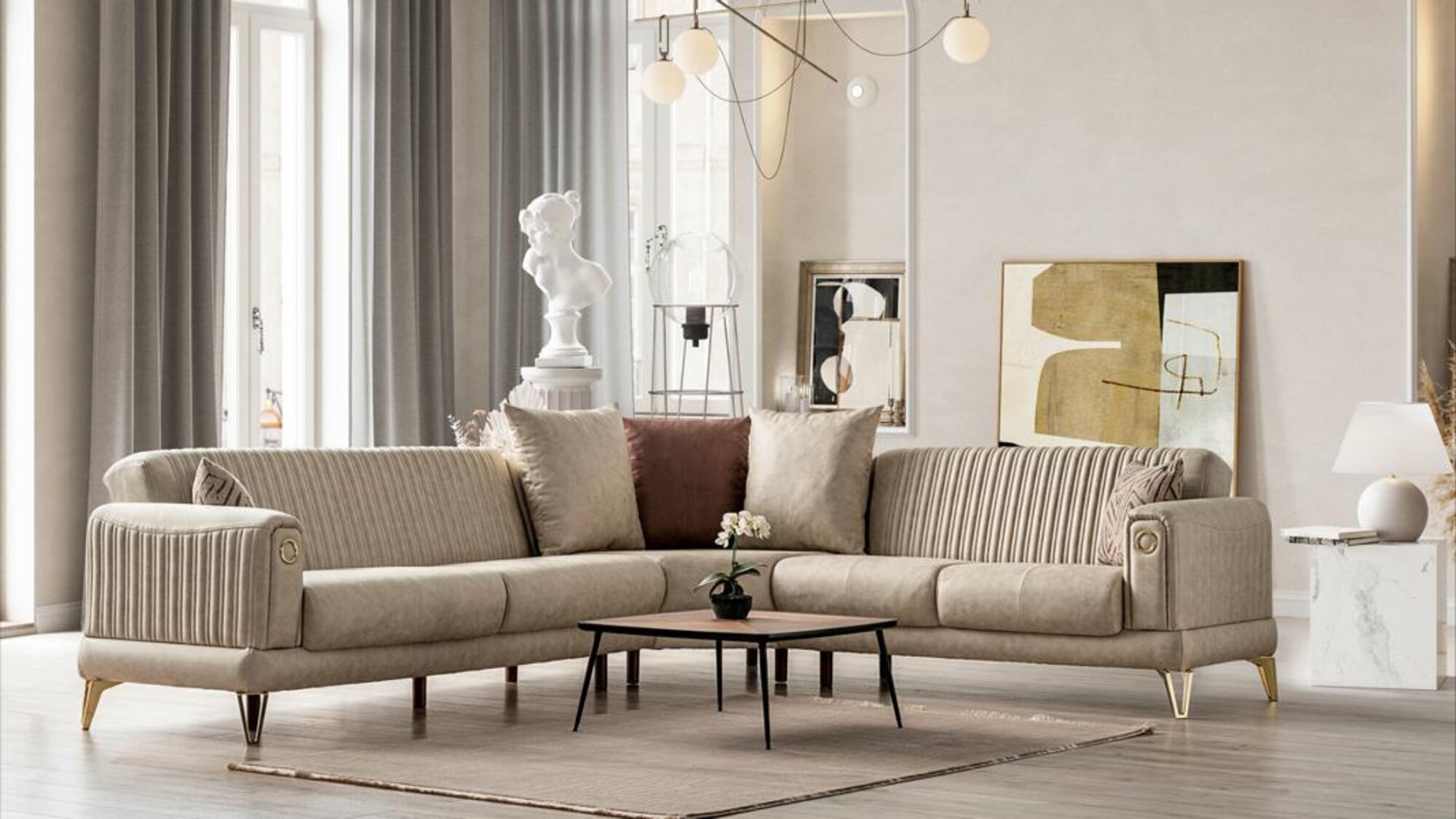Stilvolles Ecksofa L-Form Elegantes Design Eckgarnitur Eckcouch Beige 313x266