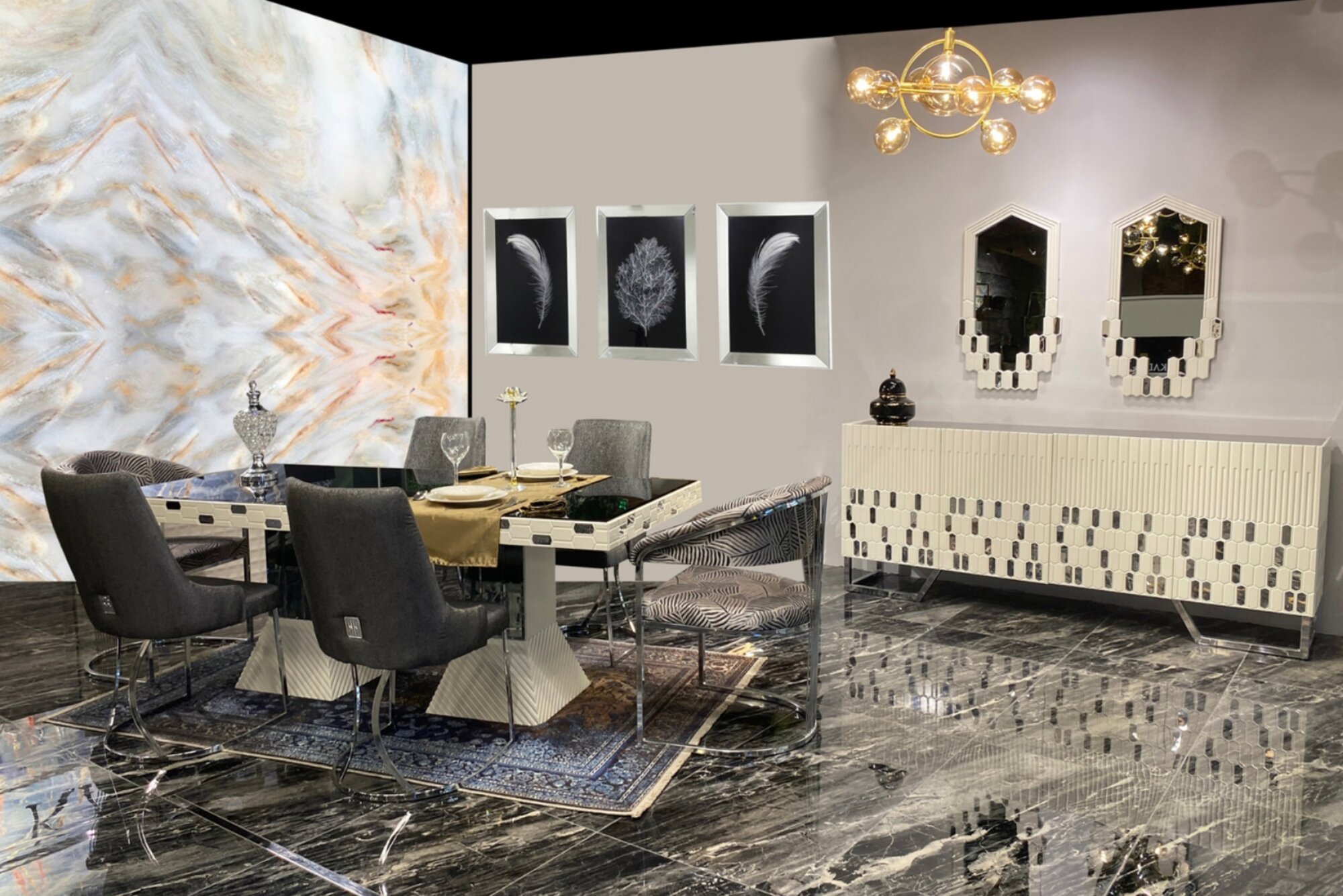 Esszimmer Set Luxus Design Esstische 4x Stühle Kommode mit Spiegel Neu