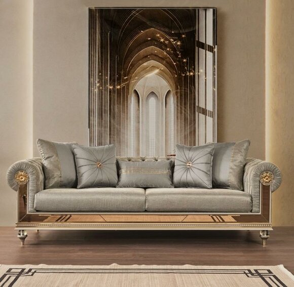 Dreisitzer Couch Sofa Sitzer Grau Stoff Stoffsofa Klassisch Holz Gold