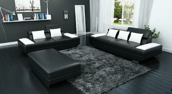 Sofagarnitur Ledersofa 3+2 Polster Couch Sofa Set Garnitur + Hocker Sofas
