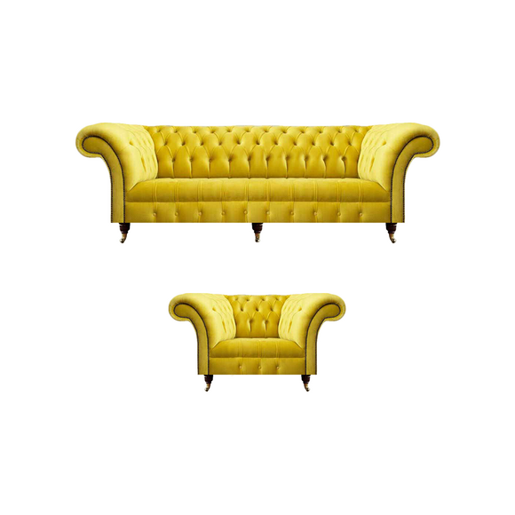 Gelbe Chesterfield Couchen Designer Wohnzimmer Sofagarnitur Sessel 3-er