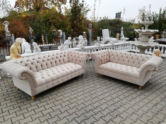 Designer Chesterfield Sofagarnitur Textil Beige 3+2 Couch Polster Sitz