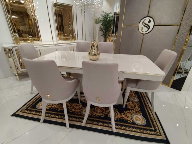 Exklusives Design Esszimmer Set Esstisch + 6x Stühle + Anrichte mit Spiegel