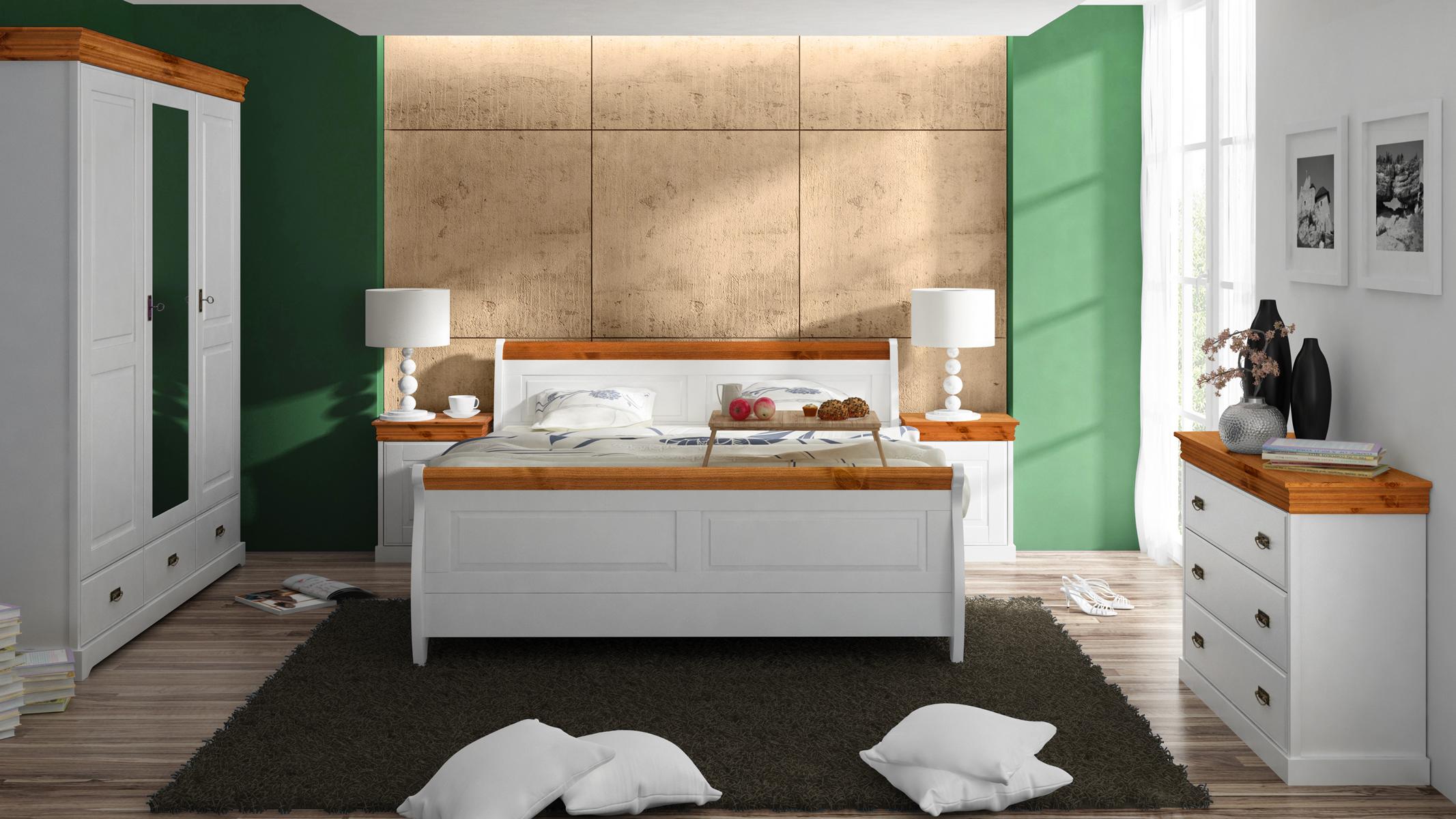 Landhaus Bett Kleiderschrank Nachttisch Schlafzimmer Komplett Holz Set 5tlg