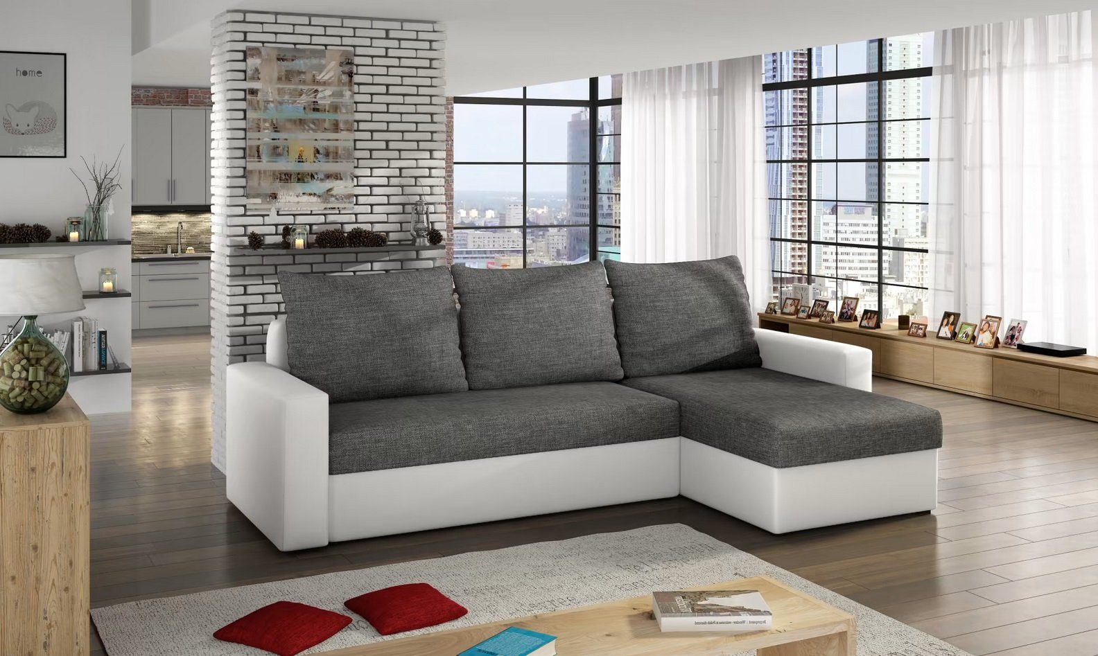 Design Ecksofa Schlafsofa Bettfunktion Textil Couch Polster Sofas Stoff Sofort