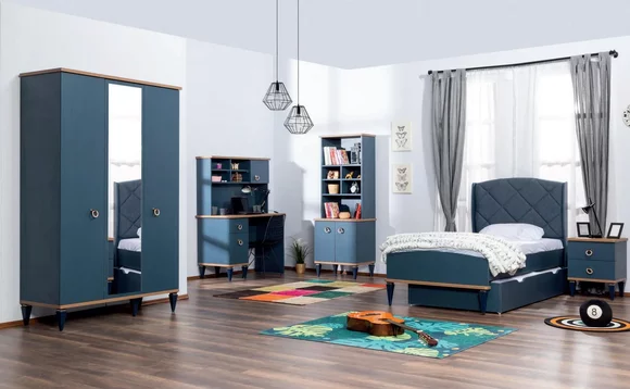 Blaues Kinderzimmer Set Bett Nachttisch Kleiderschrank Regal Schreibtisch