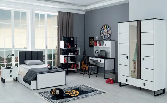 Jugendzimmer Set Bett Nachttisch Bücherregal Schreibtisch Schrank Modern