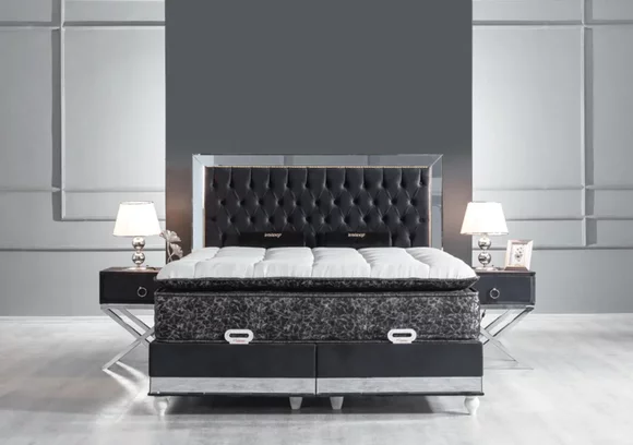 Schlafzimmer Set Schwarz Metall Bett 2x Nachttische Luxus Neu 3tlg.
