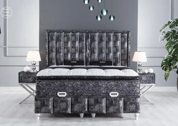 Schlafzimmer Set Schwarz Bett Design mit Matratze 2x Nachttische 3 tlg
