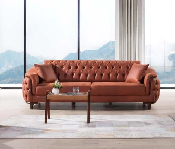 Orange Chesterfield Couch Dreisitzer Sofa Möbel Samt Holz Sitzpolster